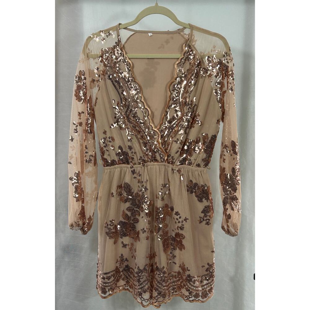 Elegant Champagne Gold Sequin Embroidered Romper – Sheer Long Sleeves | M